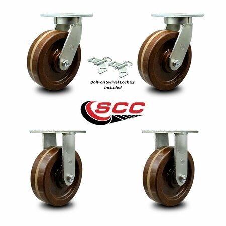 Service Caster 8'' Heavy Duty High Temp Phenolic Swivel Caster Set 2 Swivel Locks 2 Rigid, 4PK CRAN-SCC-KP92S830-PHRHT-BSL-2-R-2